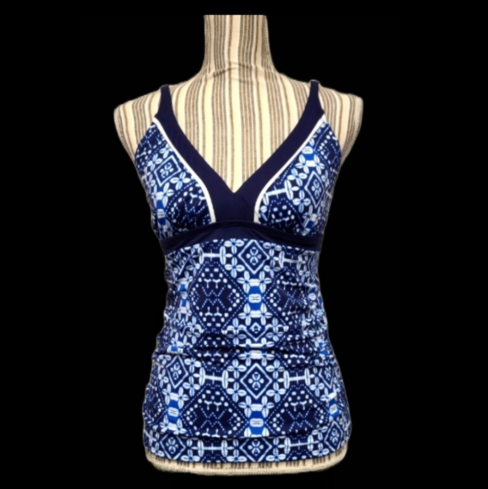 Tommy Bahama Indigo Cowrie Diamonds over the Shoulder Tankini Top (S)